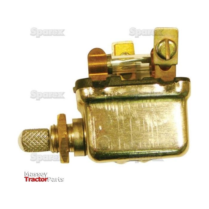 A gold-toned tractor electrical component with a knob and wiring attachment points against a white background. The Sparex logo is at the bottom left corner, ideal for Massey Ferguson models looking to upgrade their light switch system. This product is named Light Switch and has the Sparex Part No. S.67593.