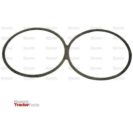 Image of a black Liner Seal, Sparex Part No. S.42488, featuring a dual-circle gasket design with a thin connecting segment in the middle, intended for agricultural machinery. Displayed on a white background with watermarked text "Sparex" and the logo "Massey Tractor Parts." Ideal for Massey Ferguson machinery.