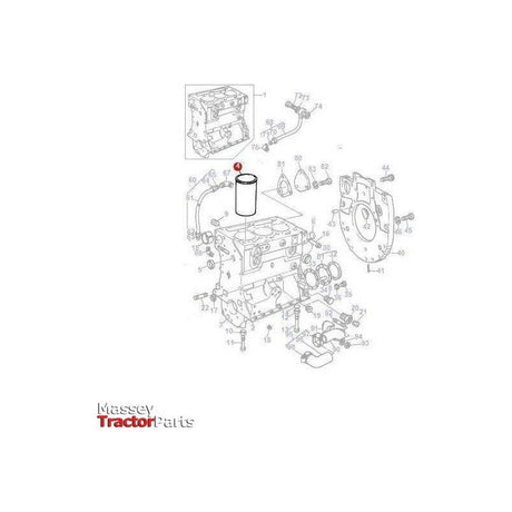 A technical diagram showcasing numbered components of an engine assembly, emphasizing a particular cylindrical part with a red dot. The bottom left corner displays the branding "Massey Ferguson - Liner Unfinished - 734179M1" by AGCO.