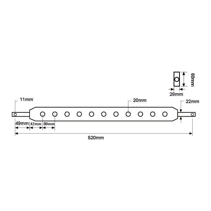 Technical drawing of the Sparex Flat Drawbar (Cat. 1), part number S.49123, with dimensions. The drawbar is 520mm long, and 20mm wide at the center, featuring multiple holes spaced along its length with specified pin diameters. Additional detailed measurements are provided, including the hole centers.