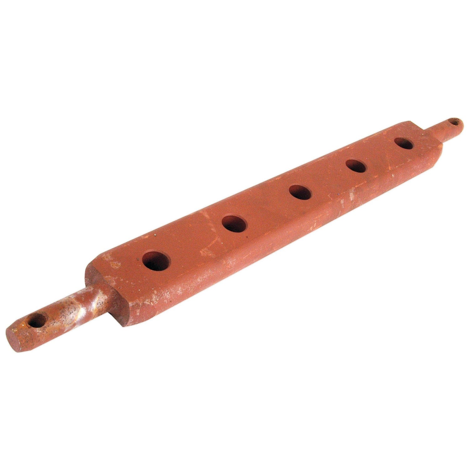 A rusty Sparex Flat Drawbar (Cat. 1) S.49123, a rectangular metal bar measuring 520mm, features five evenly spaced circular holes and rounded ends with smaller attachment holes. The precisely aligned hole centers make it suitable for a variety of applications.