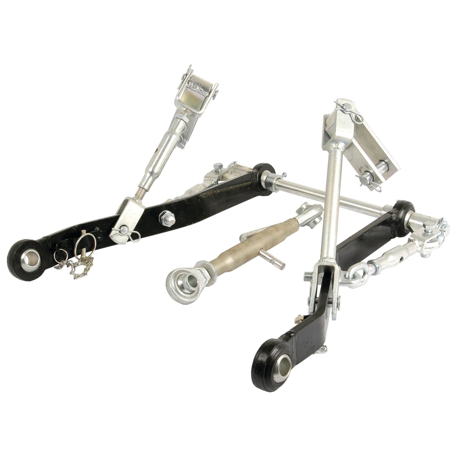 The Sparex Linkage Kit - S.70632 features a sophisticated assembly of Cat 1 metal linkage components, including adjustable rods, mounting brackets, and a levelling box, all showcased against a plain white background.