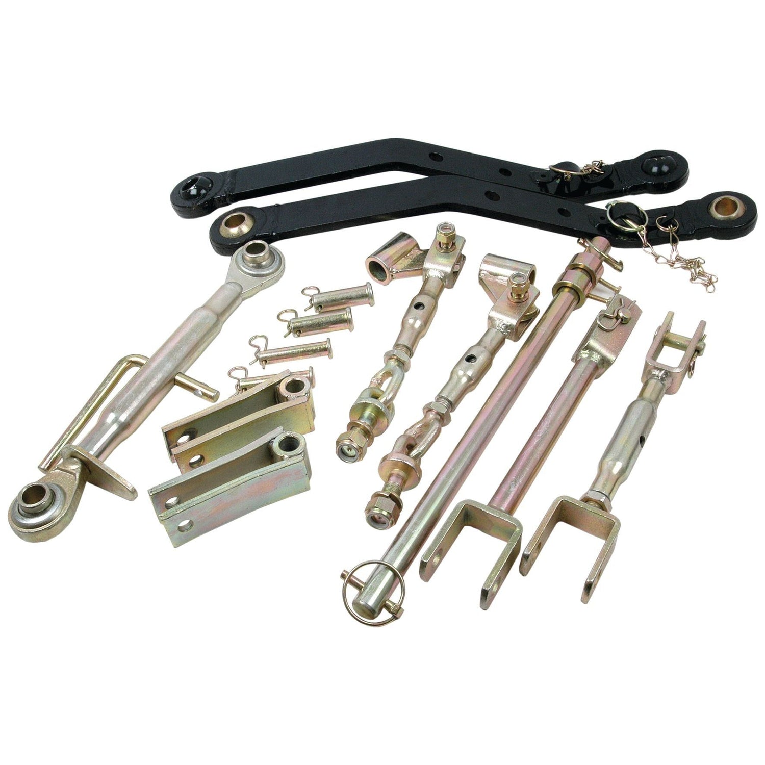 The Linkage Kit (Sparex Part No.S.70641) by Sparex showcases a variety of metal suspension and linkage components, including Cat 1 Linkage Arms, rods, brackets, and pins, neatly laid out on a white background. Some parts feature the 500mm center-to-center measurement, emphasizing their compatibility with Sparex assemblies.
