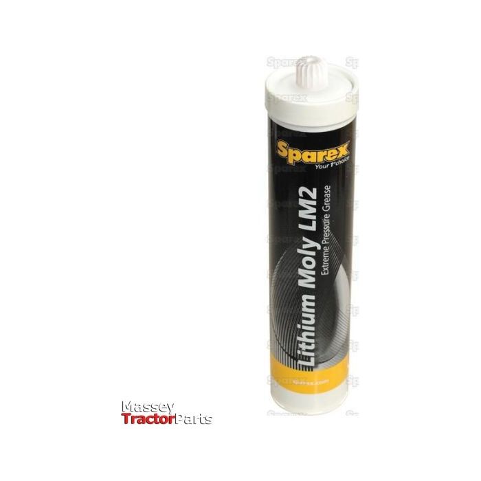 A tube of Sparex Lithium Moly LM2 - 500g (S.128855) Extreme Pressure Grease with MoS2 friction-reducing properties, featuring a white cap and a yellow-black label, positioned upright. The Massey Tractor Parts logo is visible on the bottom left.