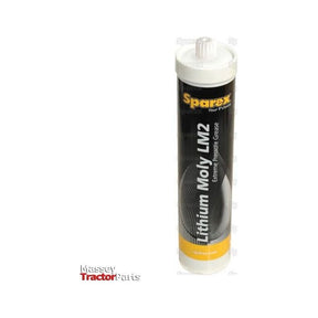 A tube of Sparex Lithium Moly LM2 - 500g (S.128855) Extreme Pressure Grease with MoS2 friction-reducing properties, featuring a white cap and a yellow-black label, positioned upright. The Massey Tractor Parts logo is visible on the bottom left.