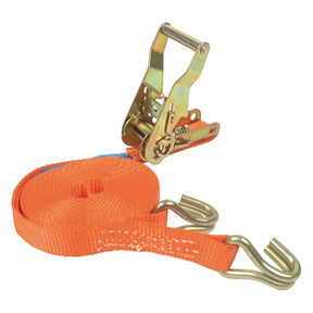 A high-quality orange Load Binder from Sparex, measuring 14.25 meters and featuring metal J hooks, coiled neatly next to its robust ratchet mechanism.