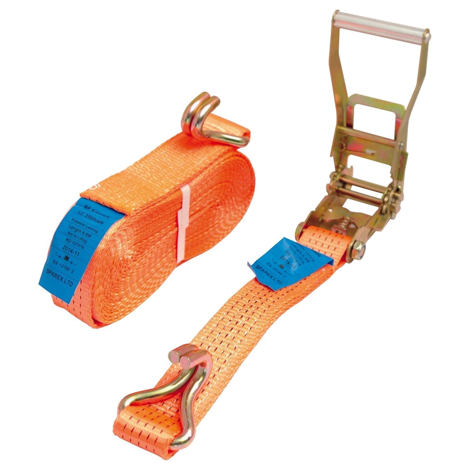 The Load Binder - Standard Range from Sparex, with a length of 10 meters (J Hook) and product number S.22578, includes two orange ratchet straps; one coiled and one with the ratchet mechanism attached. Each strap features metal J hooks and blue labels indicating load capacity and specifications. These straps are made from durable polyester webbing.