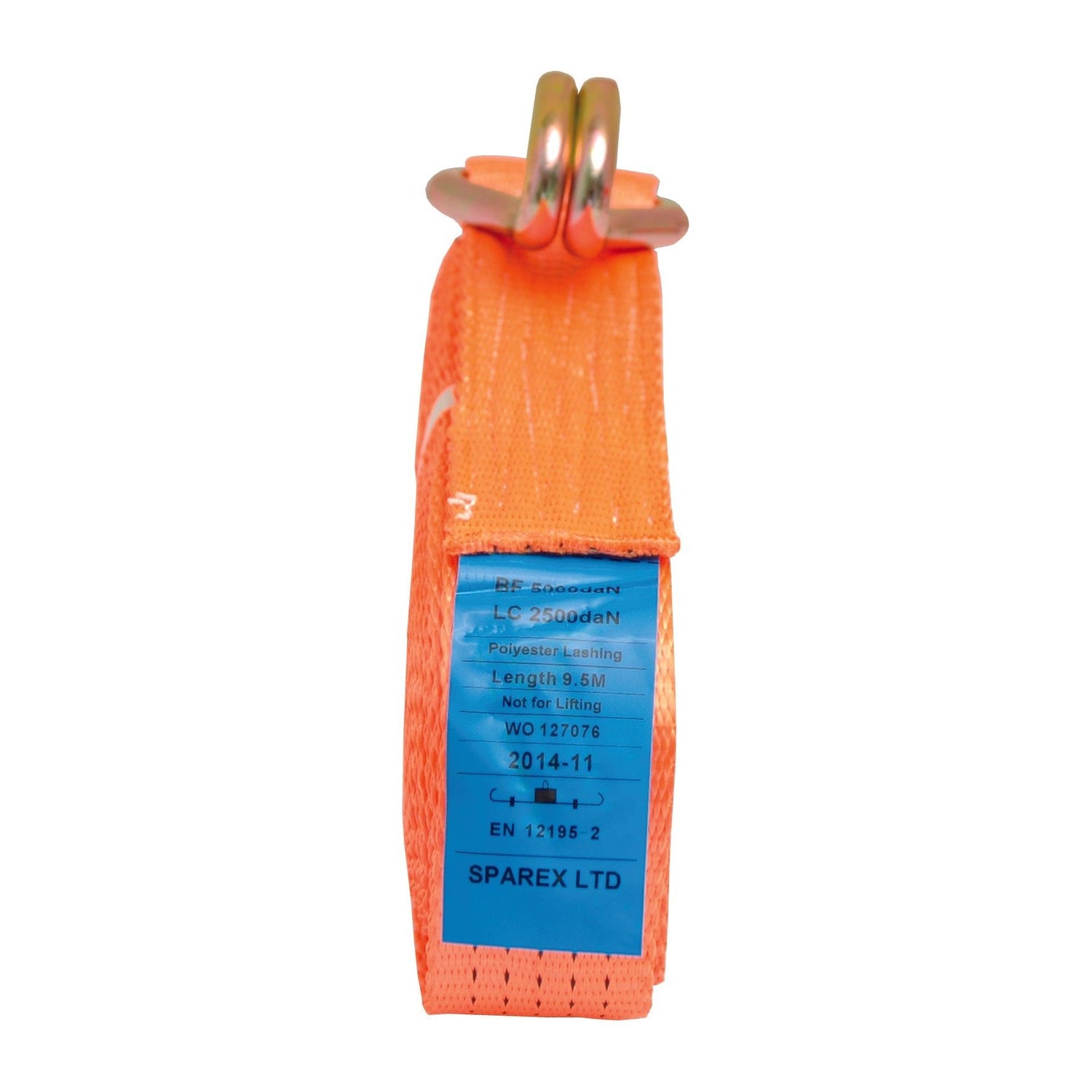 A close-up of a 10-meter orange polyester webbing Load Binder from the Standard Range by Sparex, featuring a J Hook and labeled with specifications and load capacity, manufactured in November 2014.