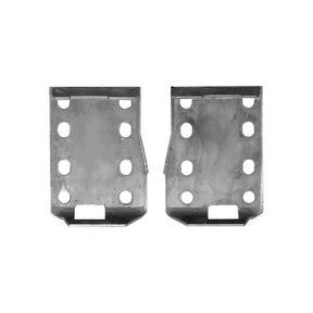 Two rectangular Loader Brackets (Pair), product code S.119879, feature multiple circular holes and a rectangular cutout at the bottom edge of each bracket. They are designed to fit various SKID-STEER models like Bobcat and are also compatible with Sparex equipment.