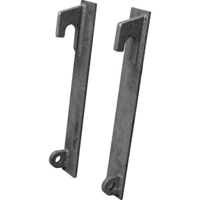 The Loader Bracket (Pair) - Replacement for JCB QFit, product number S.119882 by Sparex, consists of two metal brackets featuring hooks at the top and circular openings at the bottom, engineered for industrial or mechanical applications. These brackets are compatible with JCB QFIT systems and are available as both right-hand and left-hand pairs, with Sparex quality guaranteed.