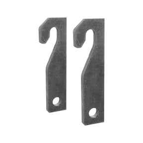 Two identical metal hooks, the Loader Bracket (Pair) - Replacement for Kramer, S.119884 by Sparex, have holes at the bottom for mounting or attachment purposes and are shown against a white background.