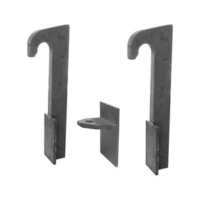 Two metallic hooks and a central support piece, equipped with RH & LH fittings, displayed against a plain background. Product: Loader Bracket (Pair), Replacement for: Merlo - S.119887 by Sparex.