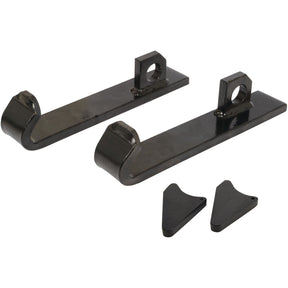 The Loader Bracket (Pair), S.25624 by Sparex, includes two black metal brackets with mounting holes and two triangular metal pieces, making it ideal for use as bucket stops in ALO Quicke systems.