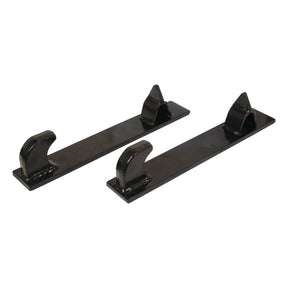 Two black metal loader brackets with U-shaped hooks, compatible with Trima models and labeled RH & LH, designed for holding cylindrical objects; product name: Loader Bracket (Pair), Replacement for: Trima - S.25623 by Sparex.