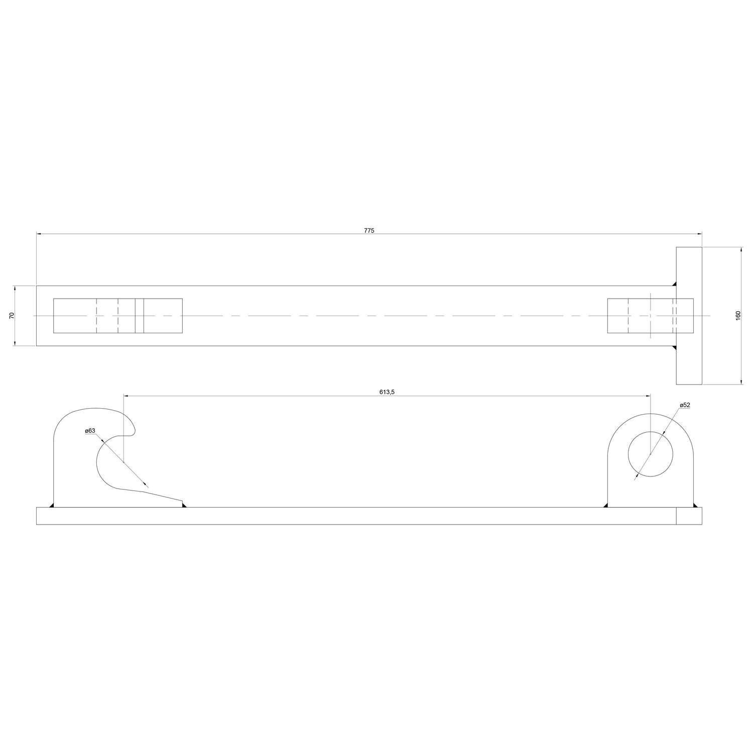Technical drawing illustrating the top and side views of the Loader Bracket (Pair) with curved ends, detailing measurements for RH & LH fitting. This bracket is a replacement part compatible with Volvo BM and JCB machinery - S.72553 by Sparex.