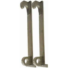 Two identical Loader Brackets (S.72553) designed for RH & LH fitting, each with hooks at the top and circular holes at the bottom, perfect as a replacement for Volvo BM and JCB. Ideal for your Sparex needs.