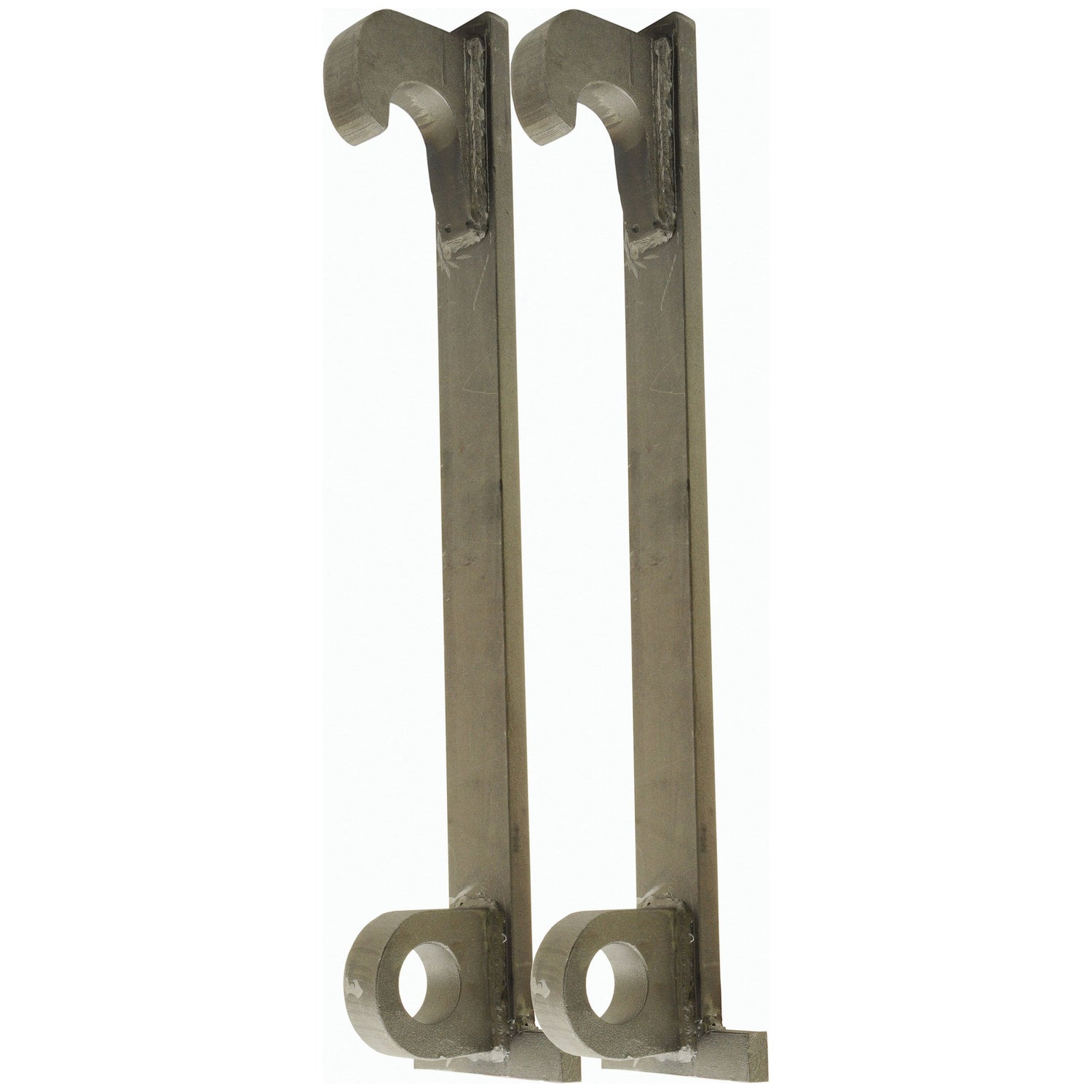 Two identical Loader Brackets (Pair), replacement for Volvo BM and JCB, displayed side by side against a white background. Produced by Sparex, these brackets feature hooks at the top and circular openings at the bottom, making them ideal for both RH & LH fitting. Model number: S.72553.