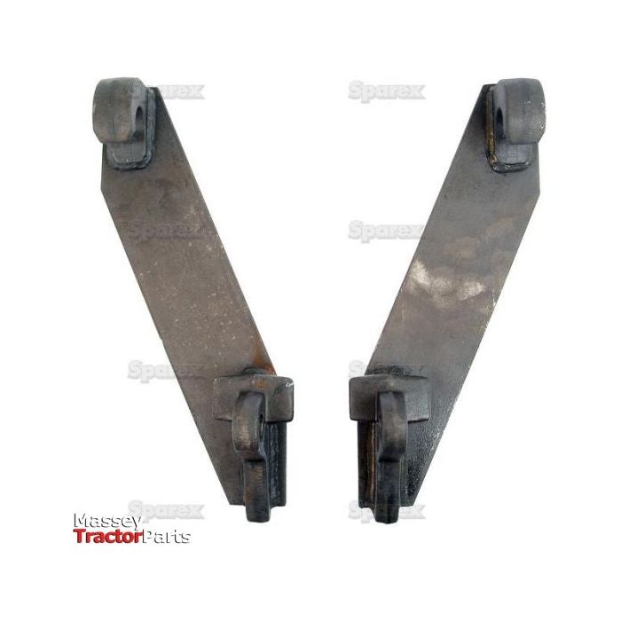Two Loader Quick Attachment Brackets, model S.23038 by Sparex, designed for tractor use are displayed against a white background. They have a worn, industrial appearance and the Massey Tractor Parts logo is visible in the bottom corner. The brackets are compatible with Sparex equipment, ensuring reliability and durability.