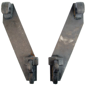 A pair of Sparex Loader Quick Attachment Brackets (S.23038) with attached cylindrical components on the ends, compatible with ALO Quicke systems.