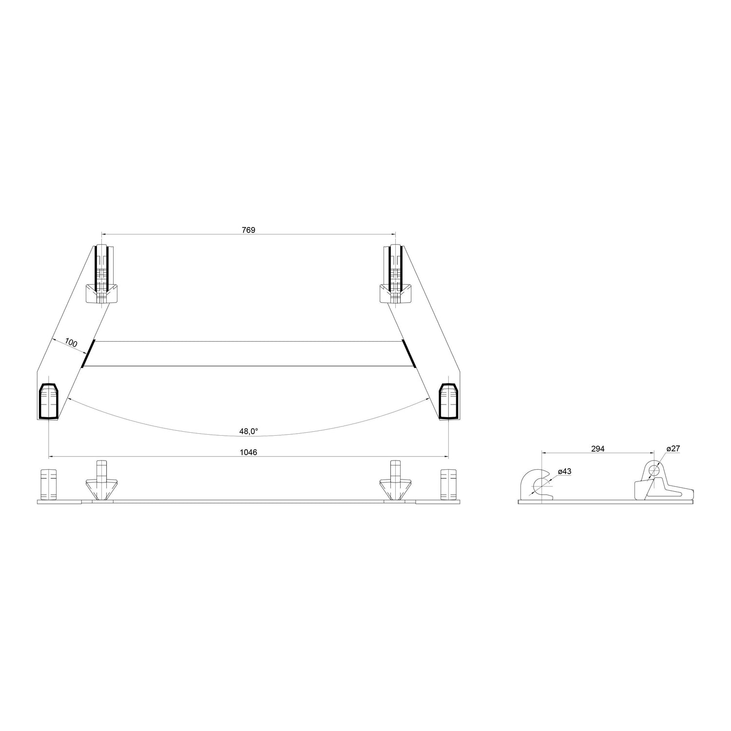 Technical drawing of an overhead and side view of the Loader Quick Attachment Bracket, Replacement for Euro-Norm, showing detailed measurements and dimensions in millimeters, designed to meet Euro-Norm standards. (Sparex Part No. S.23039, Brand Name: Sparex).