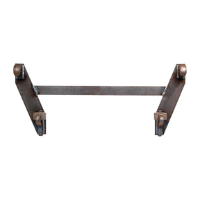 A rusted metal frame with Sparex Loader Quick Attachment Bracket on each end, possibly part of a Euro-Norm mechanical or industrial assembly.