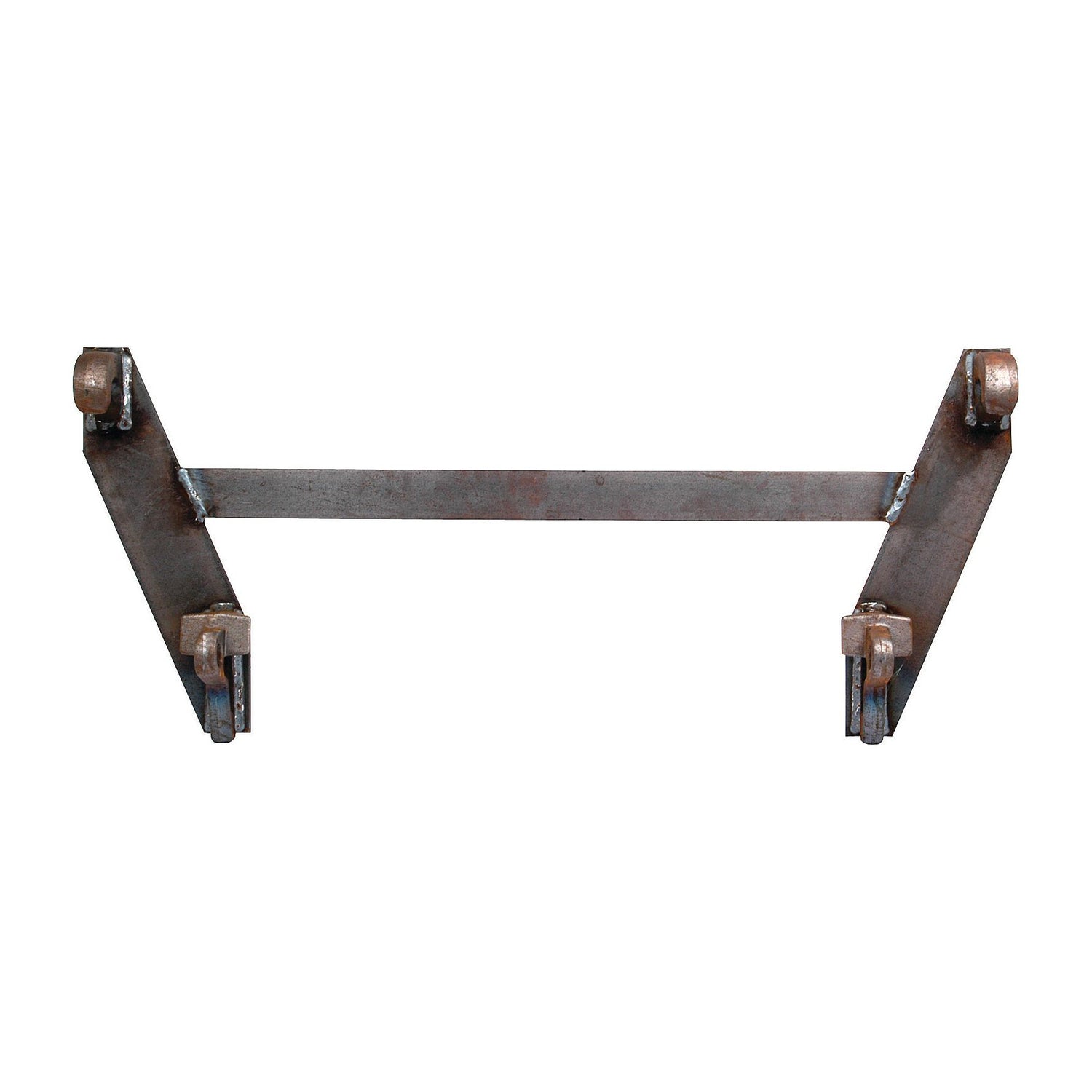 A metal bracket with two parallel arms and four mounts, the Sparex Loader Quick Attachment Bracket (Sparex Part No.S.23039), serves as a replacement in compliance with Euro-Norm standards. The structure appears to be worn and rusted.