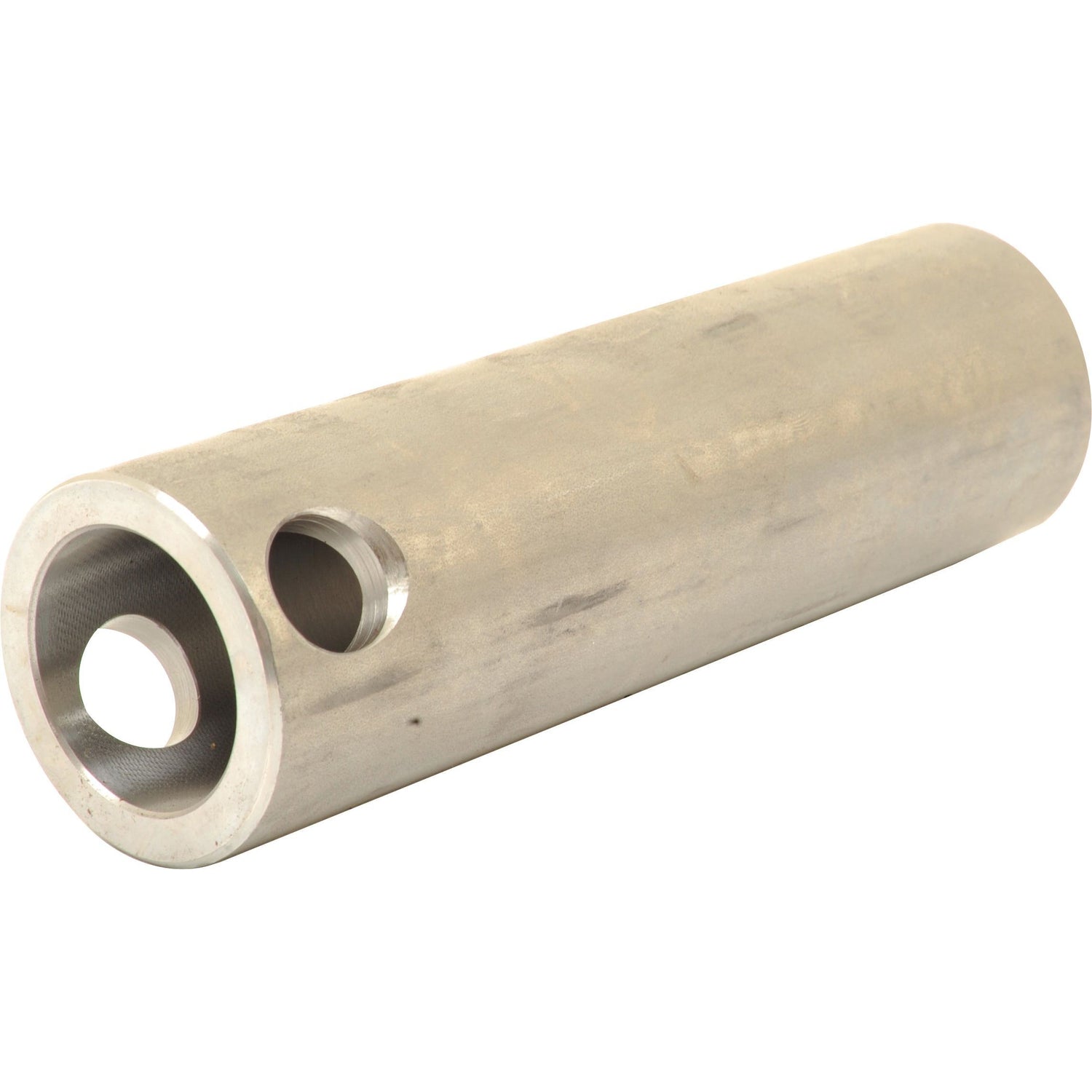 A cylindrical metal tube with a smooth surface, featuring a large central hole and a smaller side hole, like the Loader Tine Bush - Ø50 x 170mm (Ø35) from Sparex Part No. S.23569.