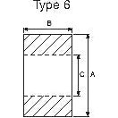 Technical diagram labeled "Type 6" showing a rectangular shape with dimensions B (width) and A and C (height). The top and bottom sections are hatched, resembling the design of the Loader Tine Bush - Ø90 x 38mm (Ø50) from Sparex, Part No. S.77315.