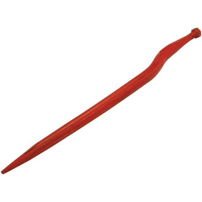 A Loader Tine - Cranked 815mm from Sparex, featuring a red steel finish, a tapered end, a slightly curved shaft, and with Tine Ø36mm specification, lies against a white background.