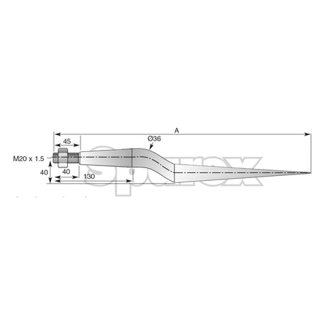 Technical drawing of the Sparex Loader Tine - Cranked 820mm, with dimensions labeled including an M20 x 1.50 (H - fluted) thread size, a 130mm distance, and diameters of 36mm at various points. The S.77031 part features a tapered end, bent section, and the design ensures maximum torque efficiency.