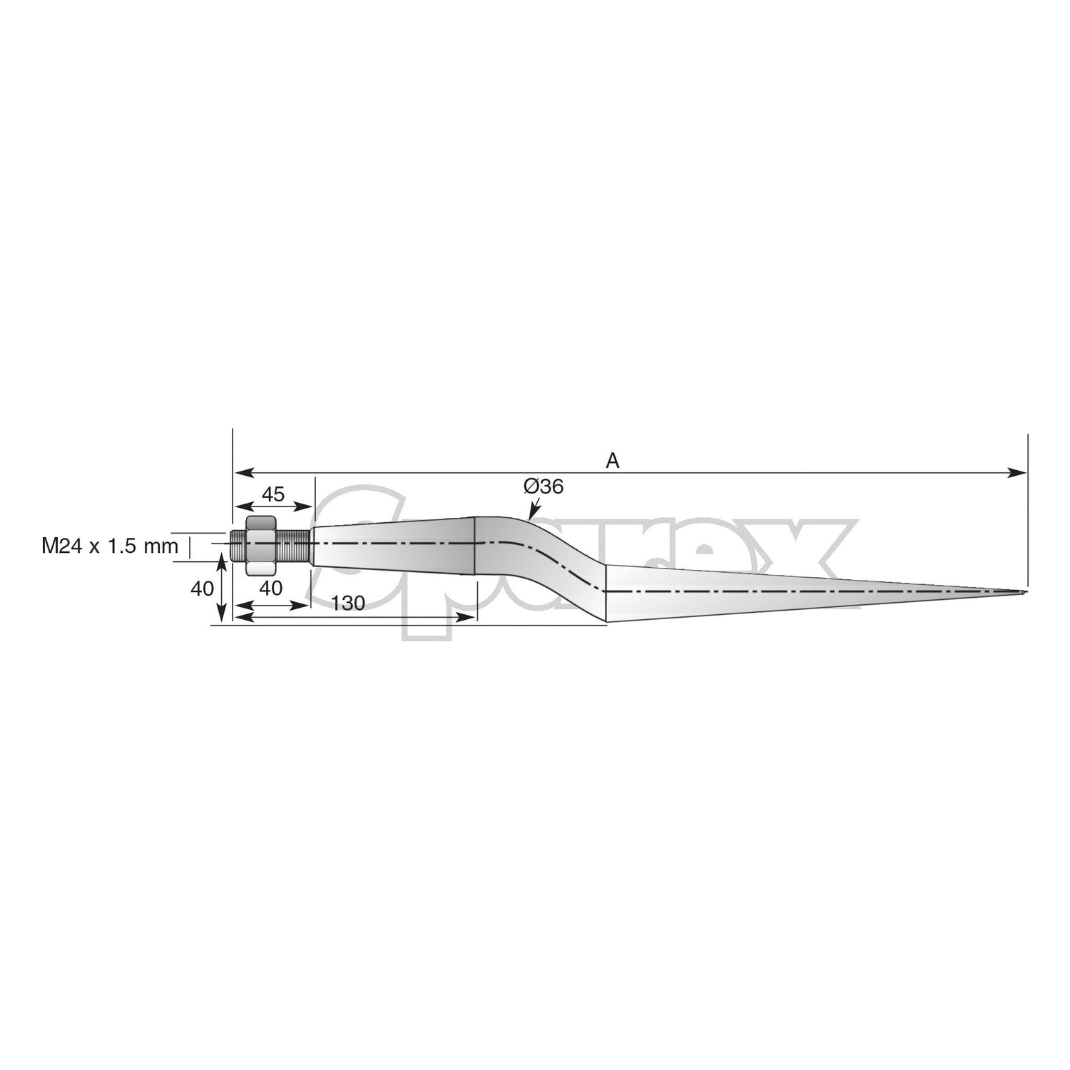 Technical drawing of a Loader Tine - Cranked 820mm from Sparex with dimensions labeled, including a metric 36 mm diameter, M24 x 1.50 threading (Square), and various length measurements. This product fits as KK221195 - S.77014.