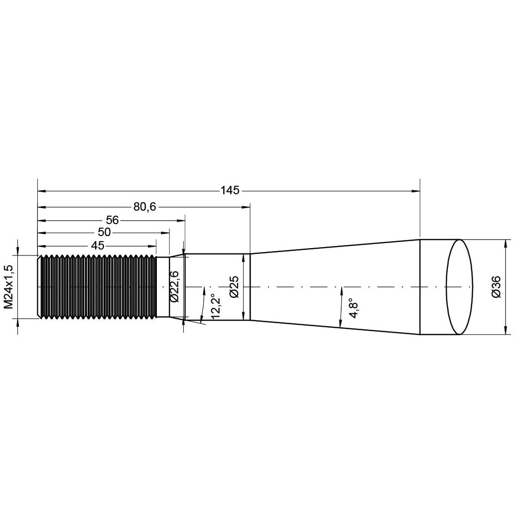 Technical diagram of the Loader Tine - Cranked 820mm, featuring detailed measurements and a threaded section. Dimensions are labeled in millimeters, following metric standards. Thread size: M24 x 1.50 (Square) to fit as KK221195 - S.77014 by Sparex.