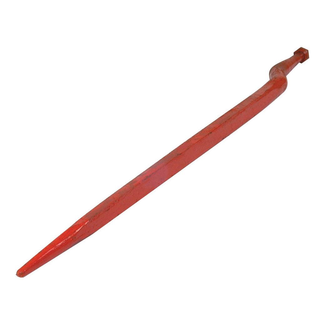 Image of a red, pointed metal pry bar with one end tapered and the other end slightly bent for leverage. It is designed to handle maximum torque requirements efficiently. Introduced as the "Loader Tine - Cranked 910mm" by Sparex, it features a thread size of M24 x 1.50 (Square) and fits as model KK221197 - S.77015.