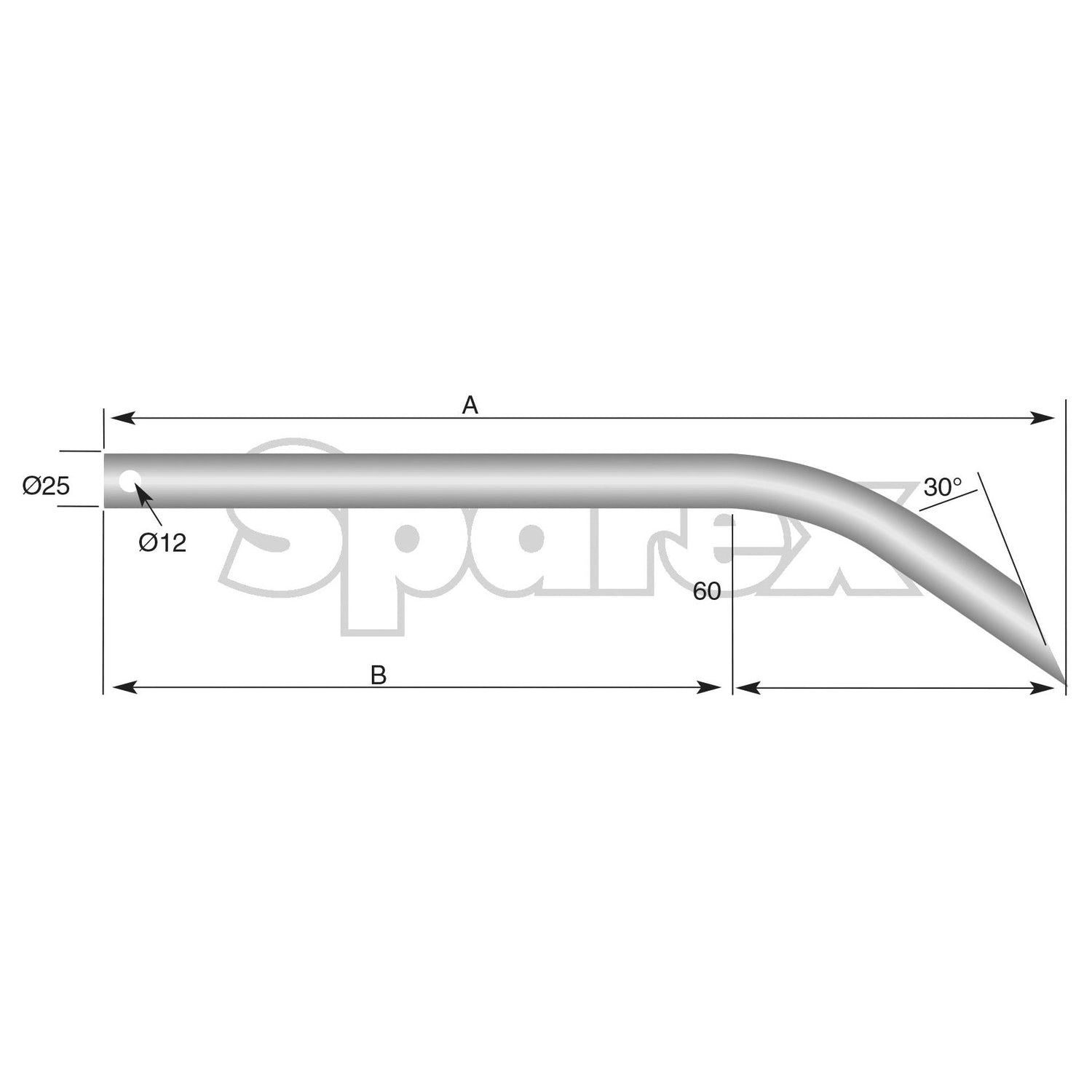 Technical drawing of the Sparex Loader Tine - Curved 560mm, (Round) - S.21505 metal pipe with a maximum tine Ø25mm and two different diameter sections (25mm and 12mm), featuring a curved type bend with a 30-degree angle, and length dimensions labeled A, B, and 60mm.