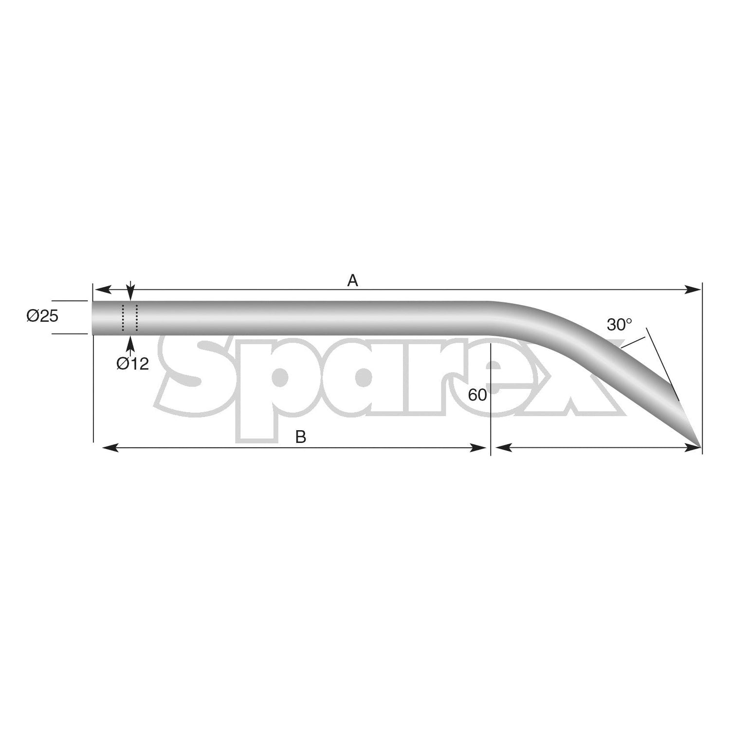 Diagram of the Loader Tine - Curved 560mm, (Round) - S.22813 from Sparex, featuring a metal tube bent at a 30° angle with dimensions: diameter Ø25 mm, end diameter Ø12 mm, straight length A, bent section B, and vertical height 60 mm. Includes Pin Fitting detail and designated with Tariff Code 8426990000.