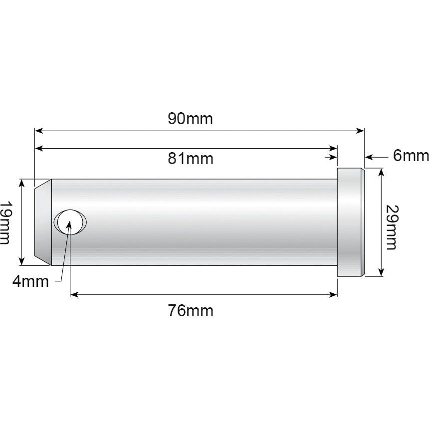 A technical drawing of a cylindrical component, known as the Loader Pin 19x76mm Cat.1 - S.2630 from Sparex, featuring dimensions: 90mm length, 19mm diameter, 29mm wide flange, 6mm flange thickness, and a 4mm hole diameter, among other specified measurements.