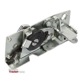A durable and precise metallic tractor part featuring various hinges and a coiled spring, labeled "Massey Tractor Parts" at the bottom left. The Massey Ferguson - Lock - 3385311m91 by AGCO is compatible with several Massey Ferguson models, ensuring optimal performance for your tractor needs.