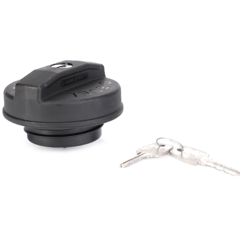 The AGCO Fendt Lockable Fuel Tank Cap (F411201060080) for Fendt Models such as Vario SCR and Vario S4 is shown on a white background, complete with a set of two keys.