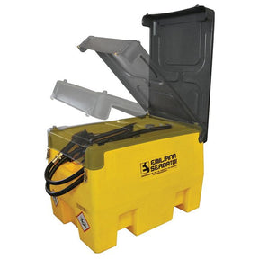 A yellow portable fuel storage tank from Sparex, labeled "Lockable Lid for 220L Carrytank | Sparex Part No. S.127915," includes a pump, hose, and nozzle, featuring an open hinged lid with lockable draw latches for added protection.