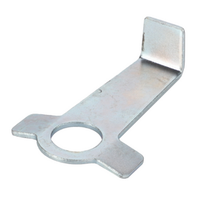 The AGCO Massey Ferguson - Locking Tab - 897581M3 is a metallic tool featuring a rounded hole and flat protrusions on one end, with a raised edge on the opposite end, making it ideal for use with Massey Ferguson tractor parts.