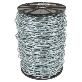 A large spool of Long Link Chain 4 x 40 x 15mm x 80M - S.55519 by Sparex, made of zinc-plated metal and wound tightly around a black cylindrical reel, featuring a Sparex barcode label on the top.