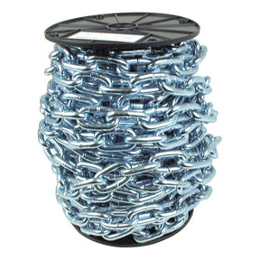 A spool of Sparex Long Link Chain 8.8 x 53 x 31mm x 20M - S.55522, with a shiny blue finish and a heavy-duty strength of 2.05 kN, is neatly wound around a black plastic reel.
