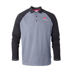The Massey Ferguson Longsleeve Raglan Polo Shirt (X993311905) by AGCO features gray and black sleeves with a small red logo on the left chest area, and is crafted from soft cotton pique fabric.