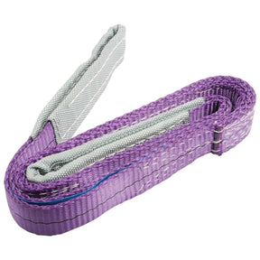 The Lorry Sling - 1M - S.19218 by Sparex is a coiled, purple synthetic recovery strap made from durable polyester with grey reinforcements. It is designed for towing or winching, complies with EN 1492-1:2000 standards, and ensures reliability under pressure with its Safe Working Load capacity.