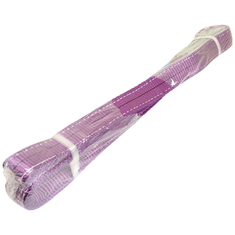 The Sparex Lorry Sling - 2M - S.19219 is a coiled and wrapped purple polyester lifting sling featuring reinforced stitching and protective white packaging material, designed with a high safety factor for ensuring a safe working load.