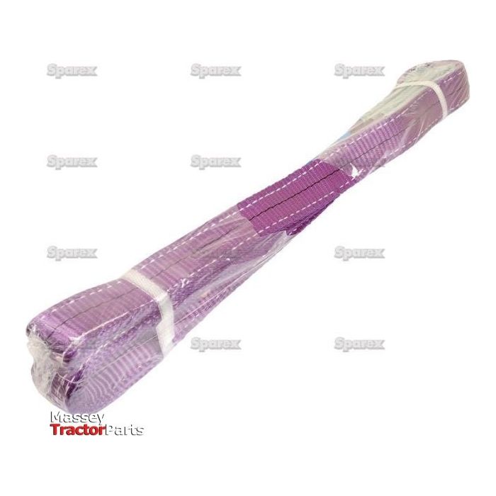 A purple Lorry Sling - 2M (S.19219), featuring a high Safety Factor and made from durable Polyester, packaged in clear plastic wrap. The background showcases the Massey Tractor Parts and Sparex logos, ensuring reliable quality and a Safe Working Load for all your heavy-duty needs.
