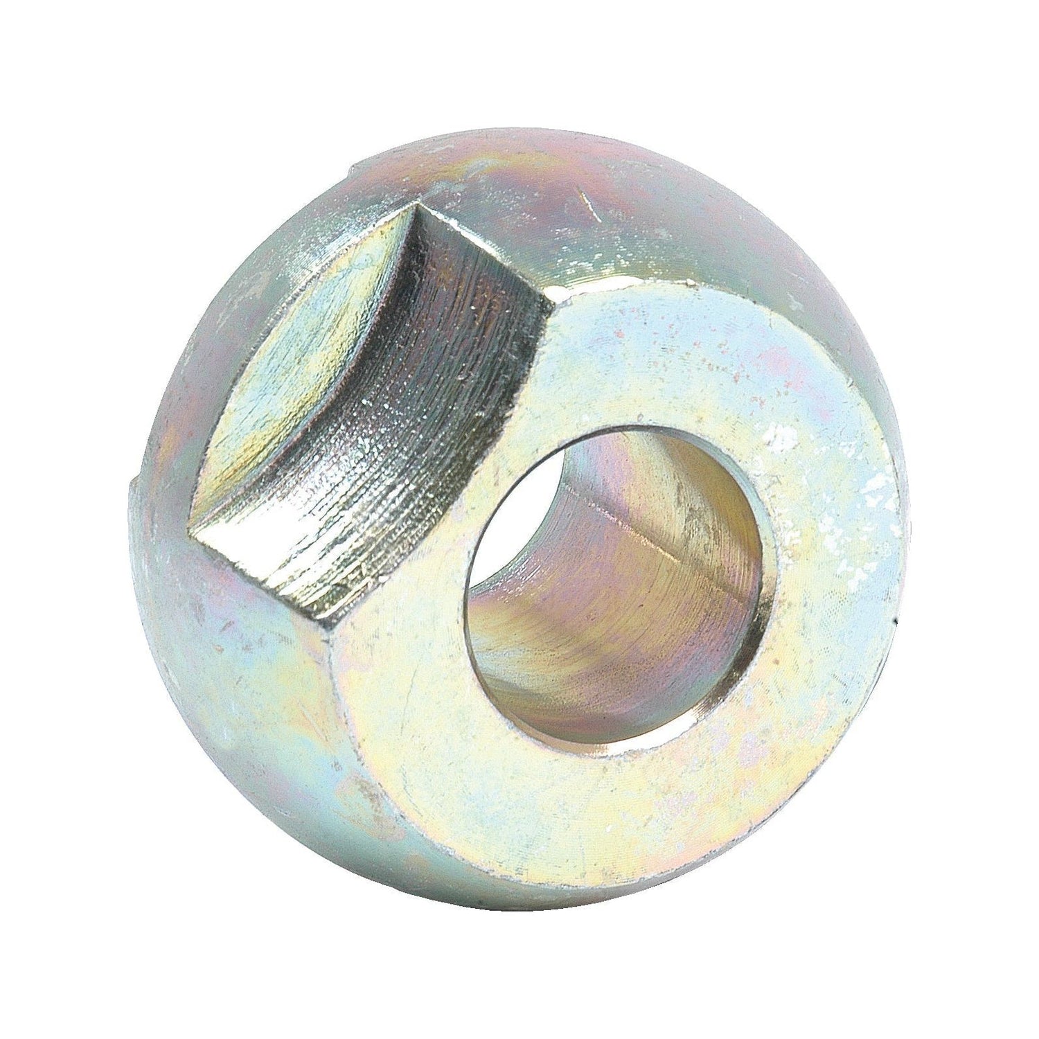 Close-up of a Sparex Lower Link Ball (Cat. 1/1) - S.1728, featuring a hexagonal shape, a central hole with an ID of 7/8", and a shiny, reflective surface.