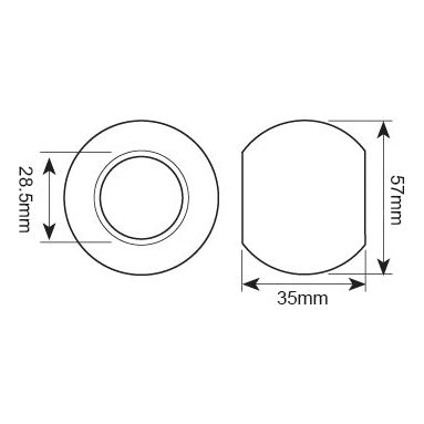 Technical drawing of the Lower Link Ball (Cat. 2/2) - S.3057 from Sparex with dimensions. The left view is circular with diameters of 28.5mm and 35mm, providing suitable information for manufacture. The right view shows a height of 57mm and a width of 35mm.
