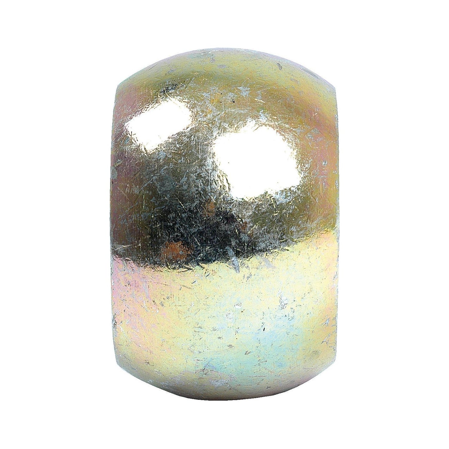 A metallic, capsule-shaped object with a reflective, slightly iridescent surface and visible signs of wear, suggesting information about its manufacture is the Lower Link Ball (Cat. 2/2) - S.3057 by Sparex.