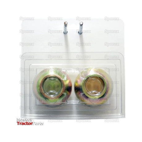 Two metallic Lower Link Balls (Cat. 2/2) with an OD of 2 1/4 inches, packaged in a transparent plastic cover, displayed on a white background with "Sparex" logos and "Massey Tractor Parts" branding.